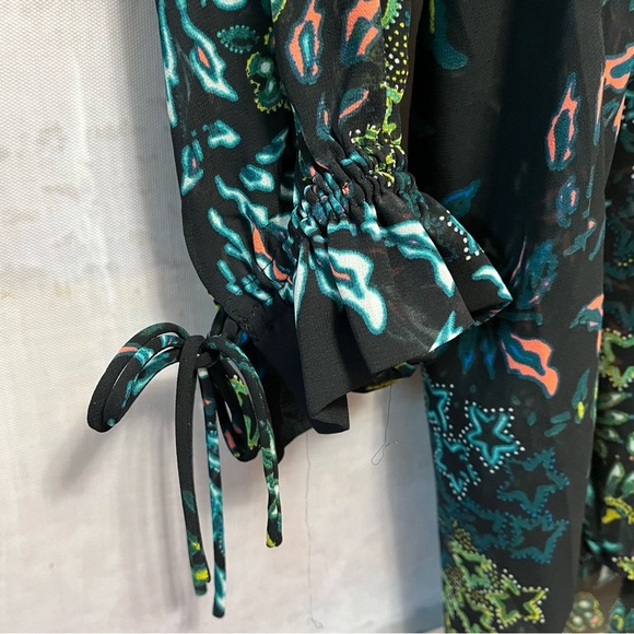 H&M Conscious Beach Cover Up Women Size 12 Floral Drawstring Long Ruffle Sleeve - Picture 10 of 16